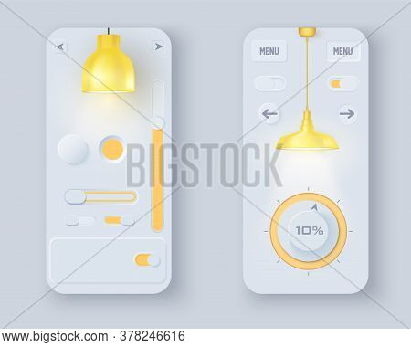 Neumorph Ui Kit Of Lamp Shop On Device Screen. Volume Knob With Slider Bar And Switches. Store Of Ha