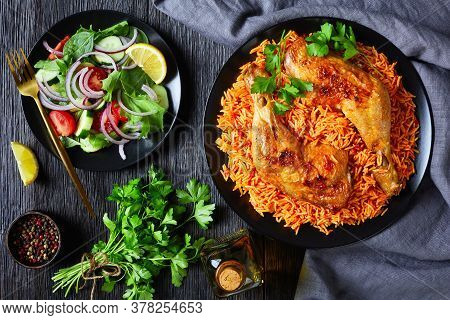 Thakkali Sadam - Indian Tomato Rice With Roasted Chicken Legs With Salad Of Tomatoes, Spinach, Cucum