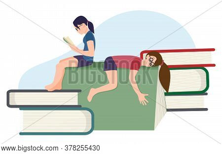 Girls Sitting And Lying On The Books Stock Vector Illustration