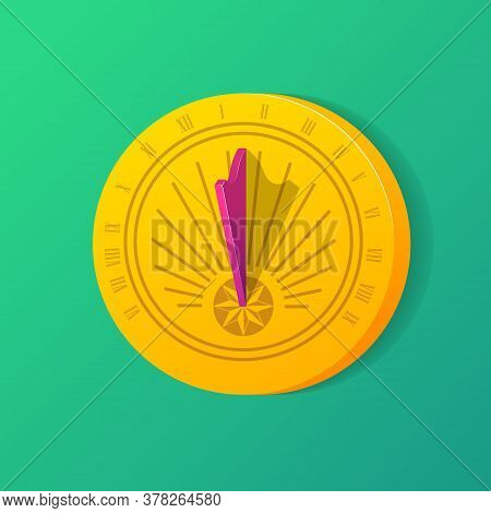 Golden Solar Dial With Shadow. Ancient Sundial Clock With Roman Numbers. Time Measuring, Punctuality