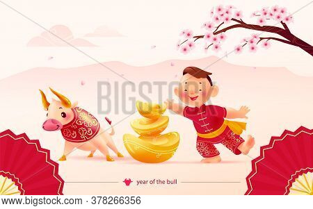 Chinese New Year Congratulation Card, Invitation, Calendar Design. Traditional Decor Elements Cherry