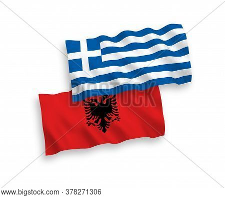 National Fabric Wave Flags Of Greece And Albania Isolated On White Background. 1 To 2 Proportion. 3d