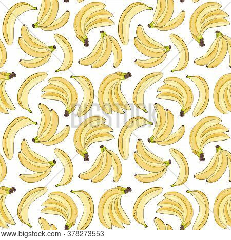 Hand Drawn Seamless Pattern Of Isolated Banana. Engraved Colored Art. Delicious Tropical Vegetarian 
