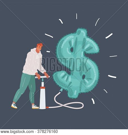 Cartoon Illustration Of Man Pumps A Big Air Ballon Inflatable Dollar On Dark Background. Character W