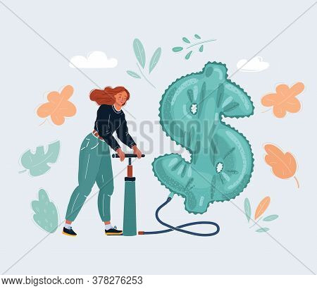Cartoon Illustration Of Man Pumps A Big Air Ballon Inflatable Dollar On Dark Background. Character W