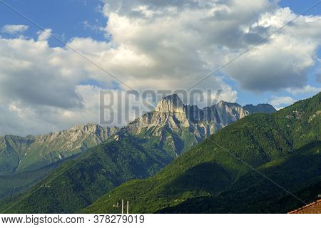 Breno, Brescia, Lombardy, Italy: Historic Town In The Oglio Valley. View Of The Mountains