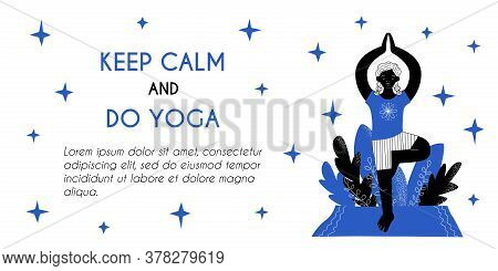 Banner For Web Page Template. Meditation Yoga Classes Online Advertising. Dark Skinned Afro Girl Doi