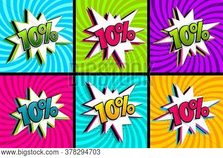 Comic Text 10 Percent Sale Set Discount. Colored Speech Bubble On Radial Background. Comics Book Exp