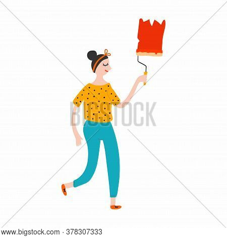 Girl Paints Wall With Roller, Renovation In Room, Woman Standing With Brush And Red Paint, New Life 