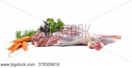Raw Leg Of Mutton On A Bone On A White Isolated Background. Sheep Meat Close-up.a Fresh Piece Of Mut