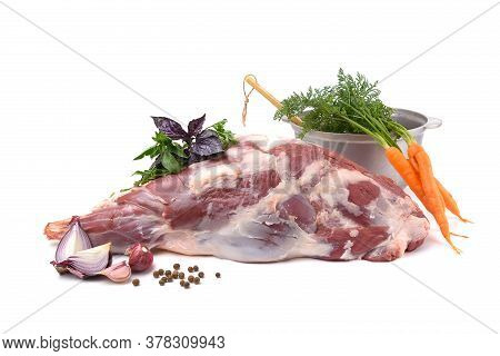 Raw Leg Of Mutton On A Bone On A White Isolated Background. Sheep Meat Close-up.a Fresh Piece Of Mut