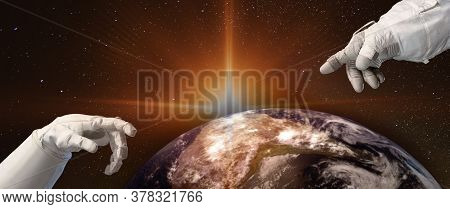 Close Up Of Human Hands Touching With Fingers Above The Planet Earth And Sunrise In Space. Concept O