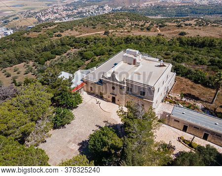 Daliyat Al-karmel, Israel, July 17, 2020 : Aerial View Of The  Deir Al-mukhraqa Carmelite Monastery 