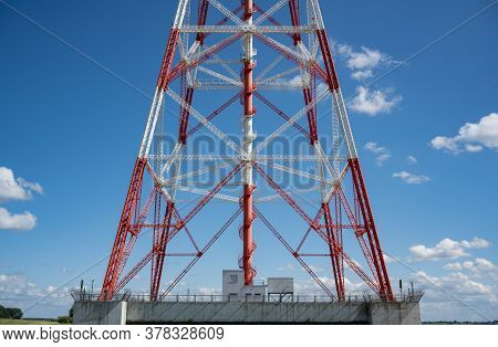 Highest Electricity Pylons, High Voltage Pylons In Europe On The Elbe Near Hamburg