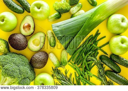 Greeny Cocktail Ingredients.green Vegetables Background. Сucumber, Avocado, Broccoli, Beans, Leek An