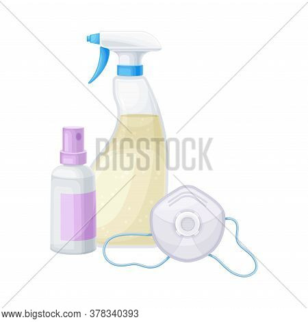 Detergent And Disinfectant In Dispenser Bottle With Face Mask Vector Illustration