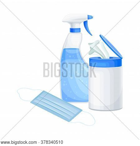 Detergent And Disinfectant In Dispenser Bottle With Face Mask Vector Illustration