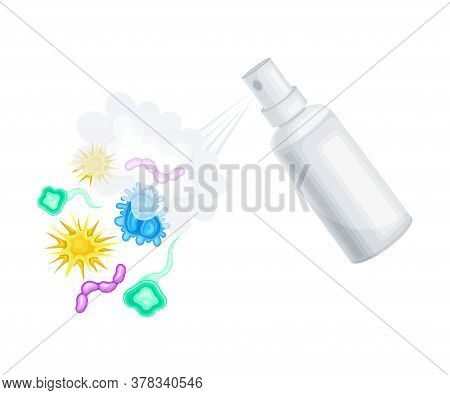 Spraying Detergent Aerosol Bottle Killing Microbes Vector Illustration