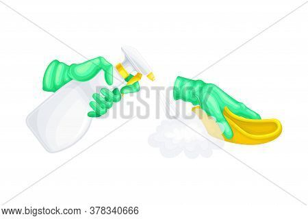 Hand Using Detergent And Disinfectant In Dispenser Bottle Vector Illustration