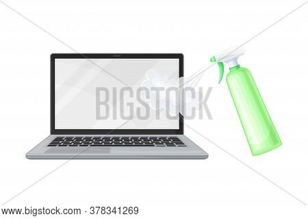 Spraying Detergent Aerosol Bottle Cleaning Laptop Screen Vector Illustration