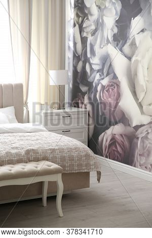 Beautiful Floral Photoart Work Used As Wallpaper In Bedroom Interior