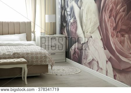 Beautiful Floral Photoart Work Used As Wallpaper In Bedroom Interior