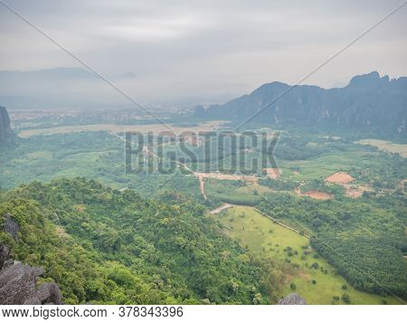Scenery Landscape View From Pha Ngeun In Vangvieng City Laos.vangvieng City The Famous Holiday Desti