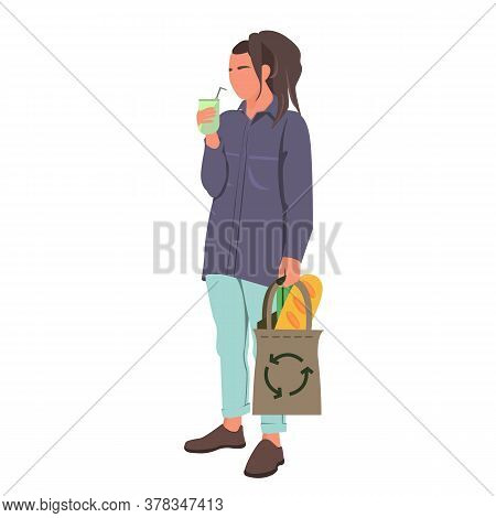 Zero Waste Concept. Shopping Bag, Woman Holds Reusable Cup And Eco Bag With Fresh Food. Cute Girl Is