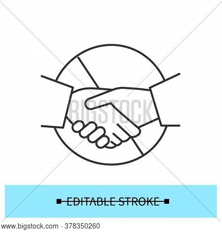 No Handshakes Icon. Covid Quarantine Hygiene Warning Linear Pictogram. Concept Of Avoiding Contact I
