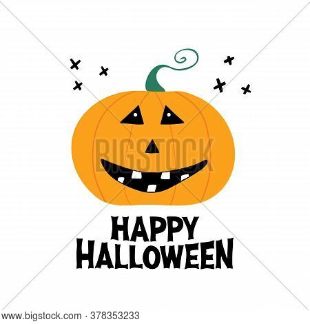 Cute Smiling Pumpkin Character With Happy Halloween Lettering And Doodle Black Cross Elements. Holid