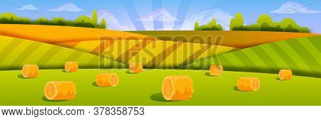 Organic Haystack Landscape With Green Fields, Clouds, Morning Sky, Sunrays. Rural Farm Illustration