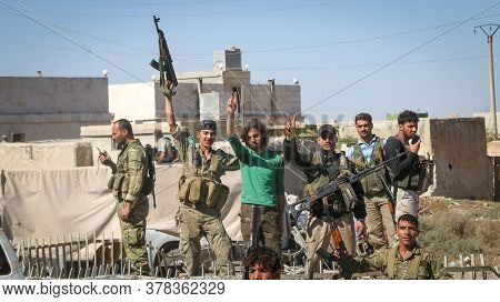 Aleppo, Syria 12 Desember 2017\\nfighters In The Armed Syrian Opposition Raise The Hands Of Victory 