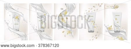 Collection Jasmine Cream. Milk Splash With Flower Jasmine. 3d Realistic Jasmine. Bunch Beautiful Whi