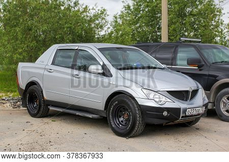 Novyy Urengoy, Russia - June 18, 2020: Grey Pickup Truck Ssangyong Actyon Sports In The City Street.
