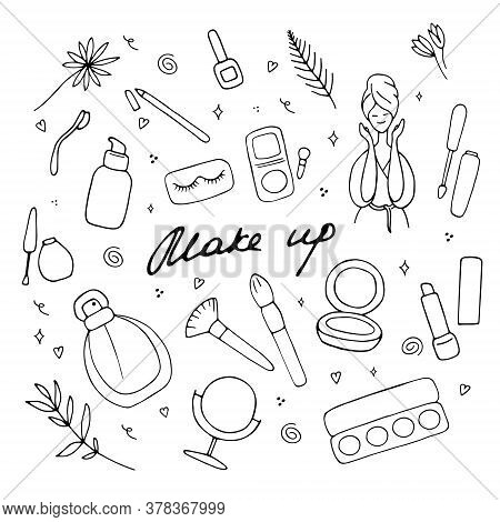 Make Up And Beauty Symbols Icon Set. Female Collection Of Different Products Accessoires For Skin Ca