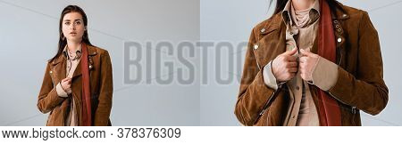 Collage Of Trendy, Attractive Girl Touching Suede Jacket While Posing Isolated On Grey, Horizontal I