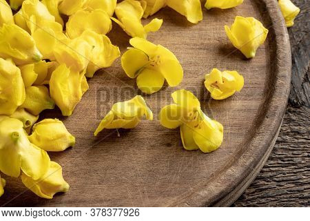 Fresh Denseflower Mullein Flowers On A Cutting Board