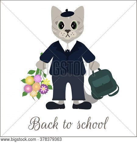 Funny Cat First Time Going To School. Vector Schoolboy Illustration For Design.