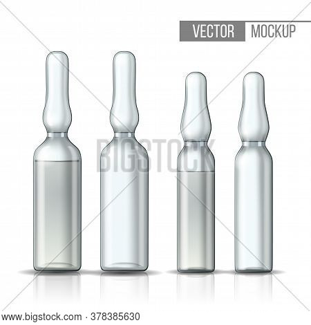 Empty Transparent Glass Ampule And Ampule With Vaccine Or Drug For Medical Treatment.