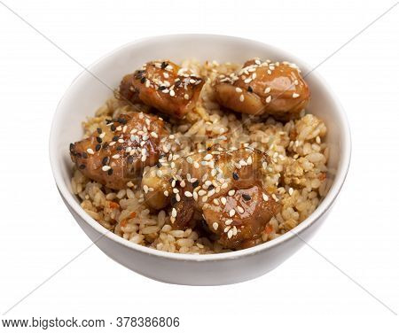 Hibachi Rice Isolated On A White Background. In A Blue Plate.