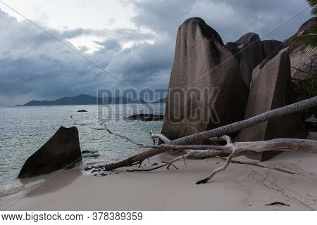 Seychelles Source Dargent Beach After Storm Indian Ocean Sunset View