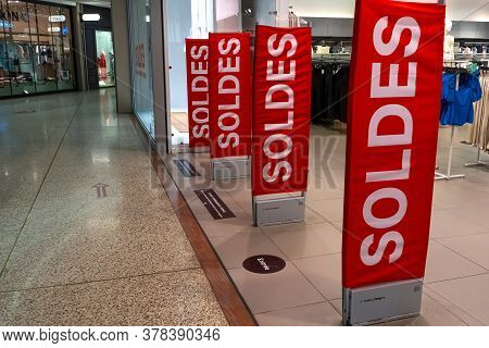 Cagnes-sur-mer, France. 26.07.2020 Sales In Hypermarket. Modern For Marketing Promotion Design. Stor