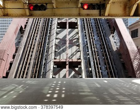 Chicago Wells Street Bridge, Drawbridge Or Bascule Bridge Raised Vertical With Railroad Train Tracks