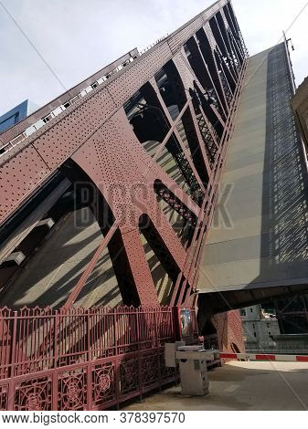 Chicago Wells Street Bridge, Drawbridge Or Bascule Bridge Raised Vertical During The 2020 George Flo