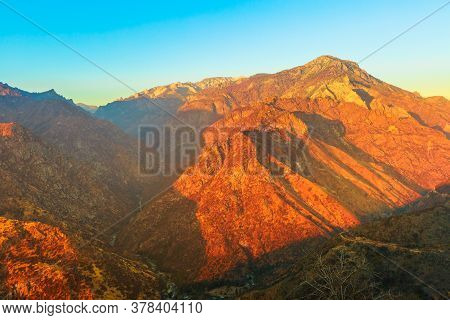 Kings River Canyon Sunset Panorama On Top Of Sierra Nevada And Sequoia National Forest. Kings Canyon