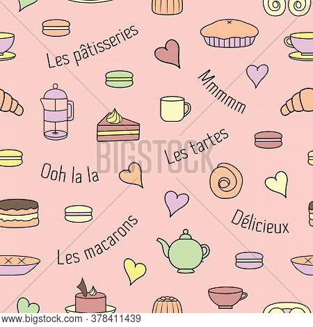 Pastel pink and multicolor cake and pastry seamless repeating surface pattern. Beautiful vector design for fabric, scrapbooks, wrapping paper, decor, gifts, projects, products and packaging.