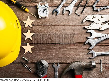 Happy Holiday Labor Day, Different Kinds Wrenches On Wooden Desk Table. First Monday In September, C