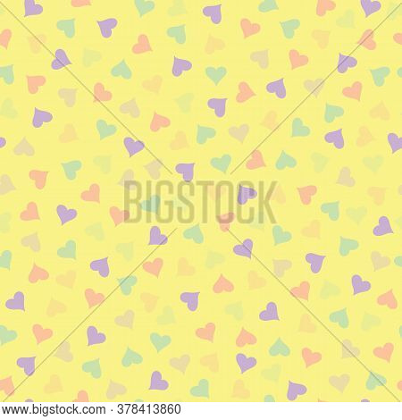 Pastel Yellow And Multicolor Heart Seamless Repeating Surface Pattern. Beautiful Vector Design For F