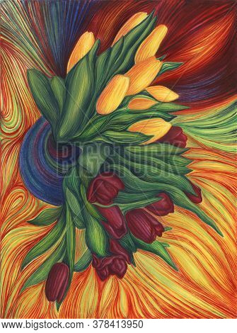 Illustrated Bouquet Of Purple And Yellow Tulips With Green Foliage In Blue Vase On Abstract Orange B