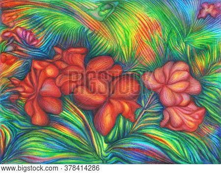 Bright Tropical Floral Red, Pink And Purple Flowers Hibiscus With Colorful Green Foliage On A Vibran